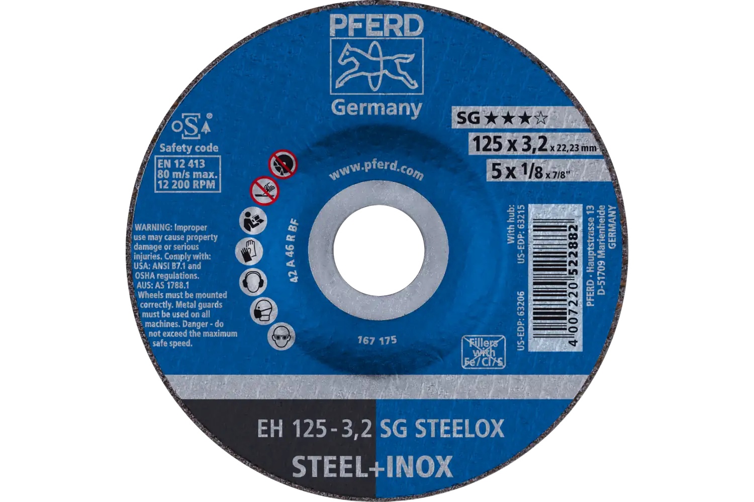 Picture of Pferd Cut-Off Wheel, 5" X 1/8 X 7/8, Sg Steelox, T27, Aluminum Oxide